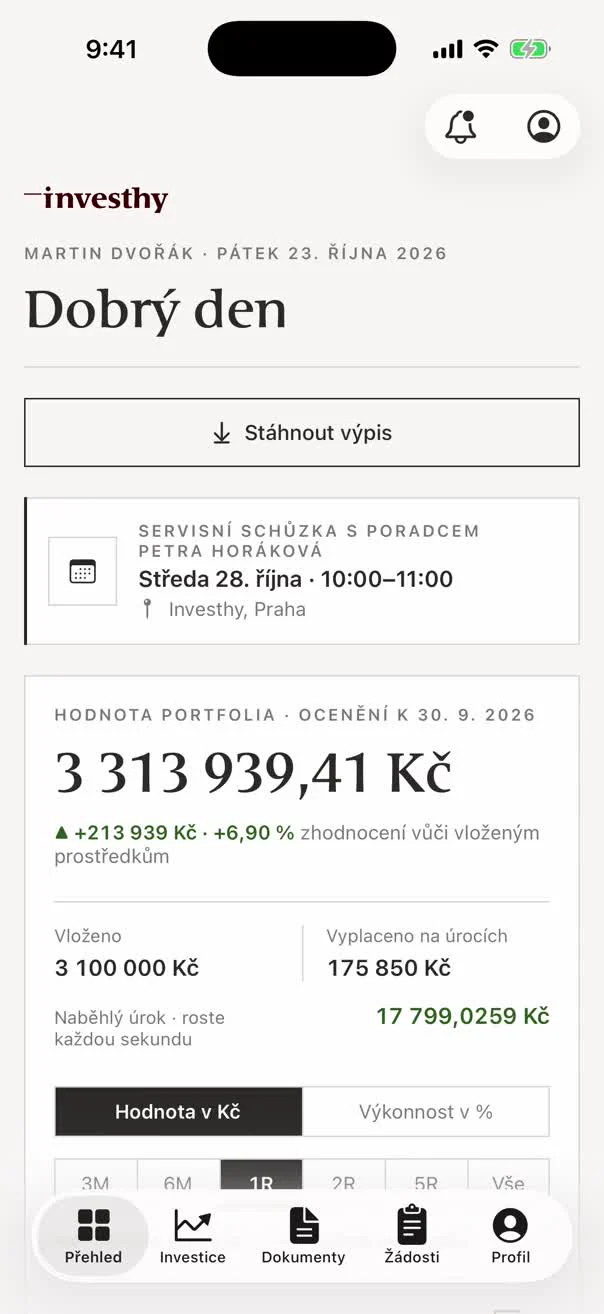 Klientská aplikace Investhy: přehled investic, dokumenty a kontakt na poradce. Ukázkový účet.